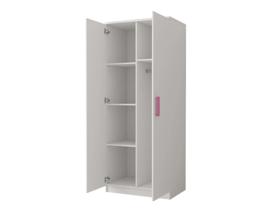 Geöffneter Kleiderschrank mit pinken Griffen zeigt Fächer und Kleiderstange.