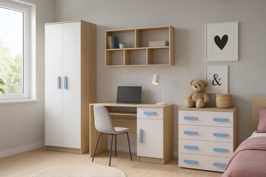 Komplett eingerichtetes Kinderzimmer mit Kleiderschrank, Schreibtisch und Kommode in Weiß und Eiche.