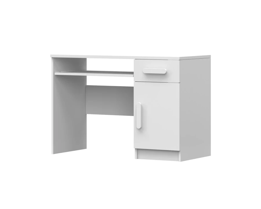 Moderner weißer Schreibtisch mit Tastaturauszug, Schublade und Tür für das Arbeitszimmer.