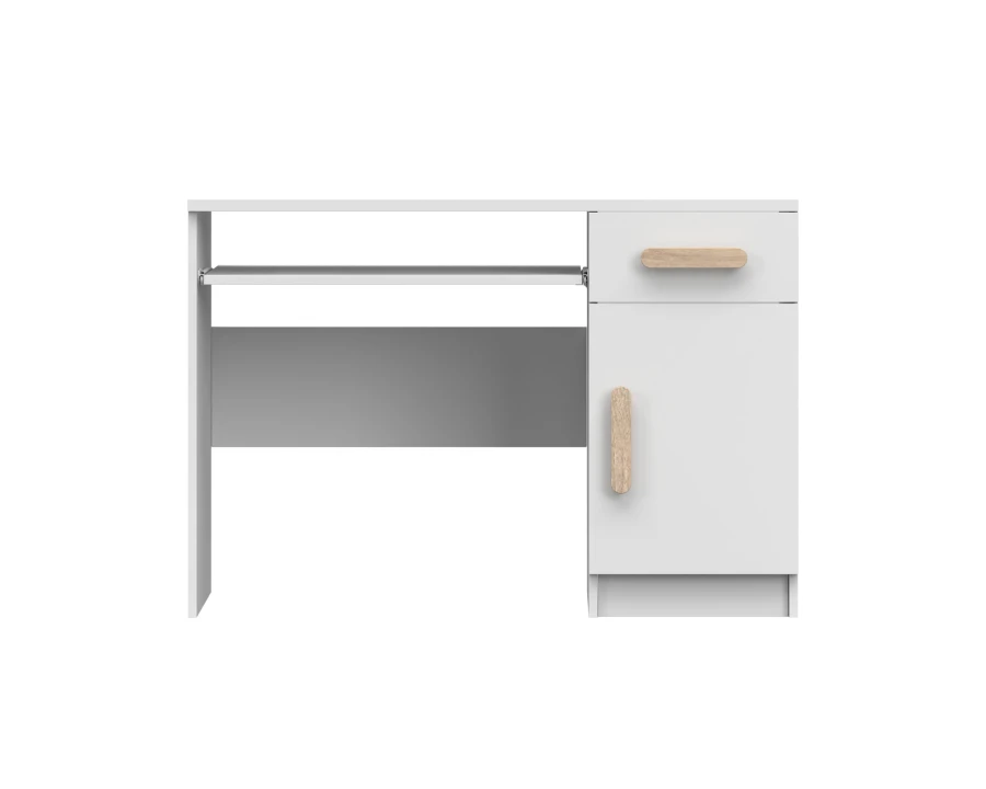 Frontansicht weißer Schreibtisch mit Holzgriffen, ideal als Arbeitsplatz im Jugendzimmer.