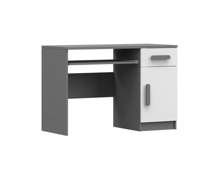 Grauer Schreibtisch mit weißen Akzenten, Schublade und Tür, zeitloses Design.