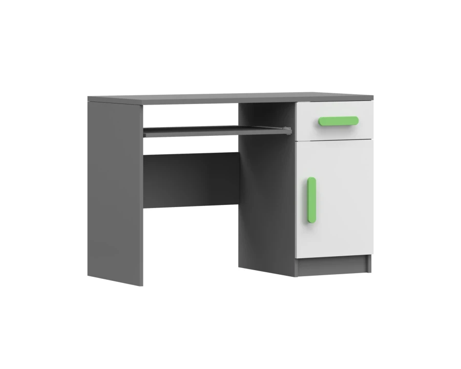 Moderner Schreibtisch in Grau und Weiß mit grünen Griffen und Tastaturauszug für Kinderzimmer.