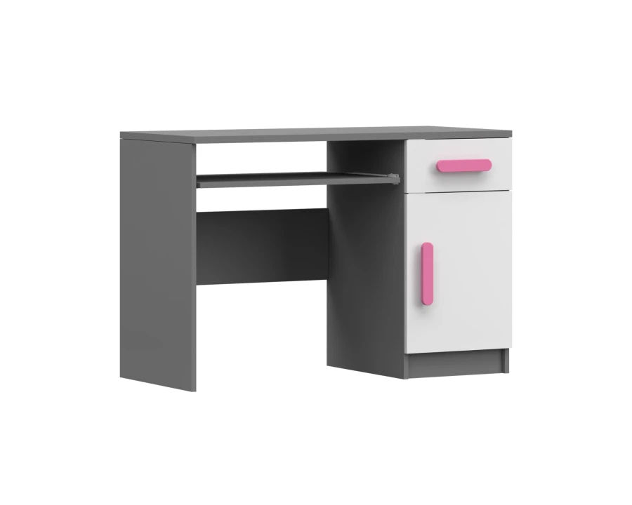 Moderner Schreibtisch in Grau-Weiß mit rosa Griffen und ausziehbarer Tastaturablage.