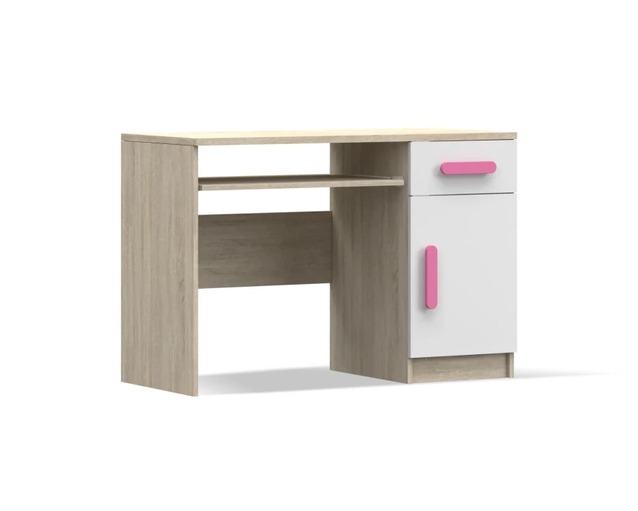 Schreibtisch in Sonoma-Eiche Nachbildung mit weißen Fronten, rosa Griffen und Tastaturauszug.