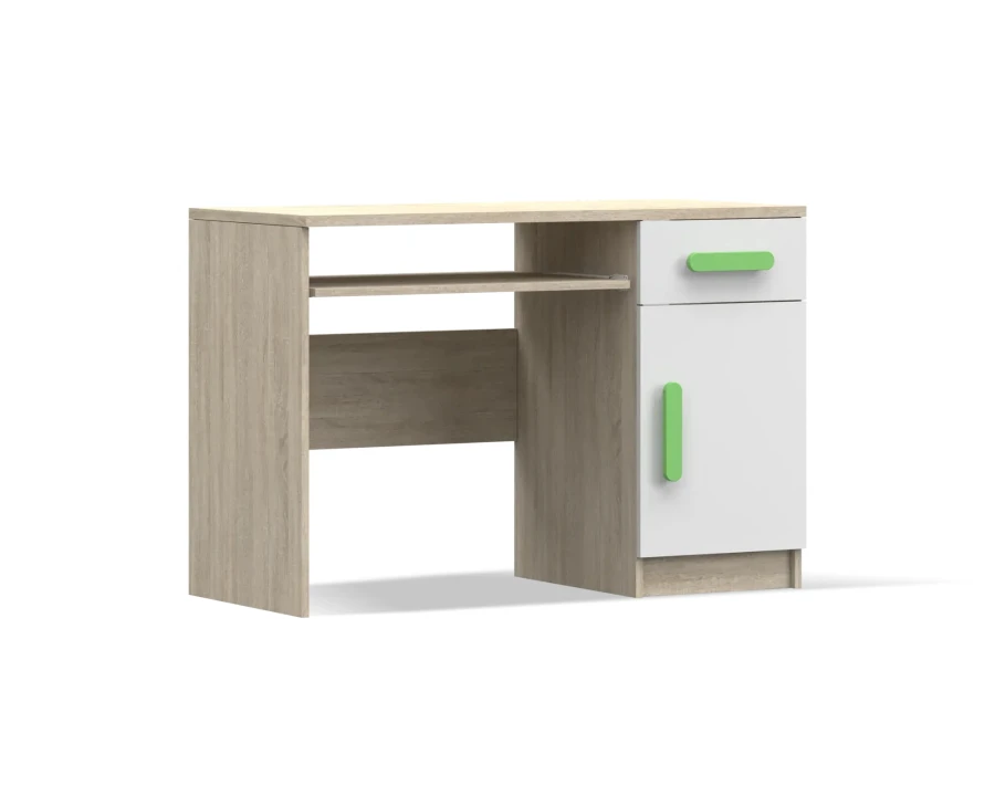 Schreibtisch für Kinderzimmer in Holzoptik mit fröhlich grünen Griffen.