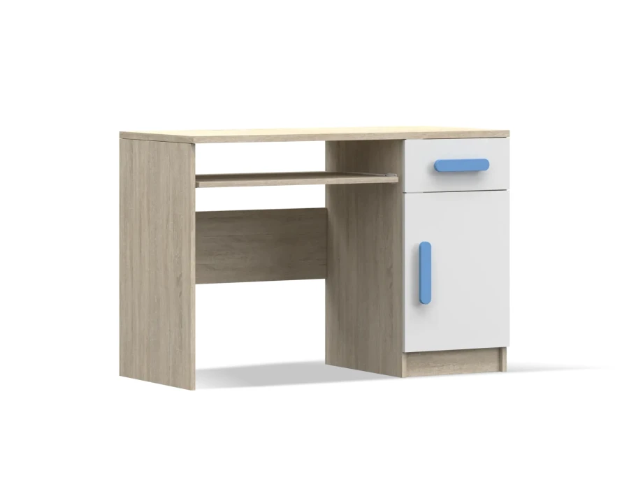 Moderner Arbeitstisch in Eiche und Weiß mit blauen Griffen für das Jugendzimmer.