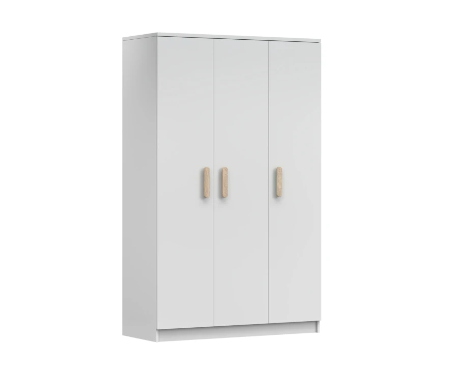 Eleganter weißer Kleiderschrank mit drei Türen und dekorativen Griffen in Holz-Optik.