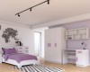 Modernes Jugendzimmer-Set in Weiß und Flieder mit Bett, Schrank, Schreibtisch und Wanddeko.