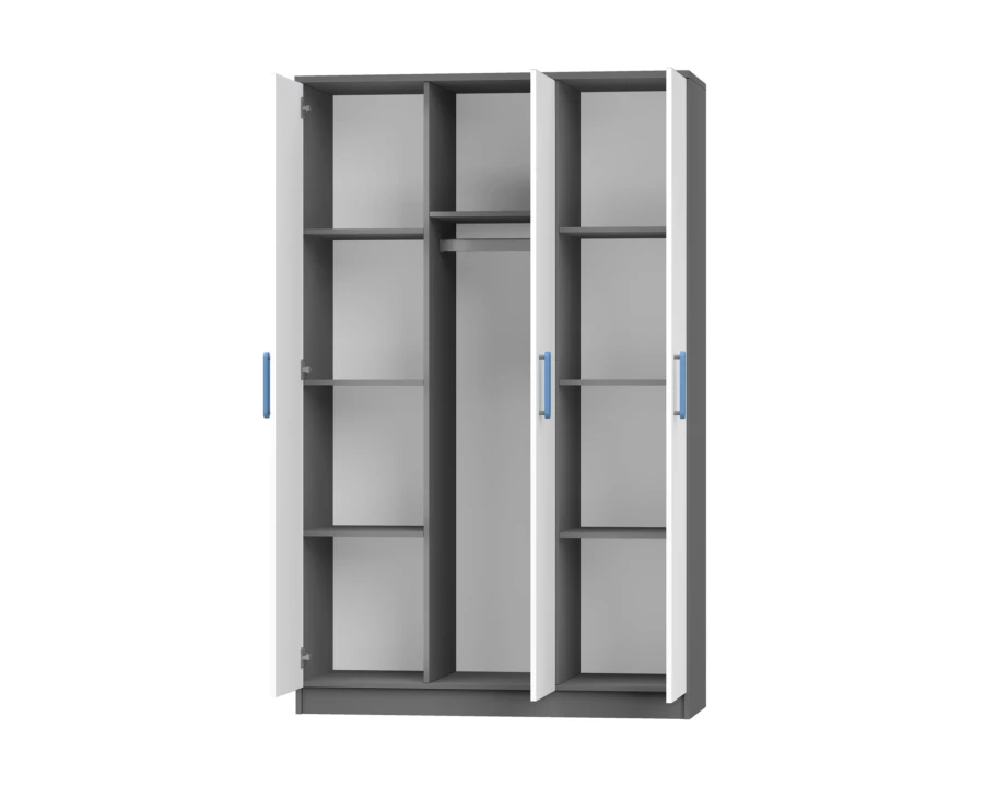 Offener Kleiderschrank in Grau und Weiß mit blauen Griffen, Kleiderstange und vielen Fächern.