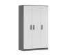 Moderner Kleiderschrank 3-türig grau weiß mit grauen Griffen, minimalistisches Design.