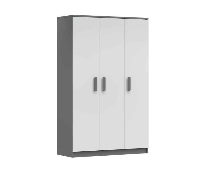 Moderner Kleiderschrank 3-türig grau weiß mit grauen Griffen, minimalistisches Design.