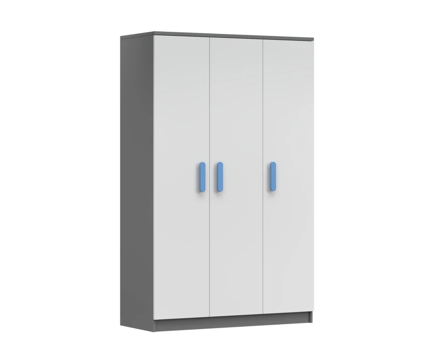 Kinder-Kleiderschrank in Grau und Weiß mit blauen Griffen, 3 Türen.