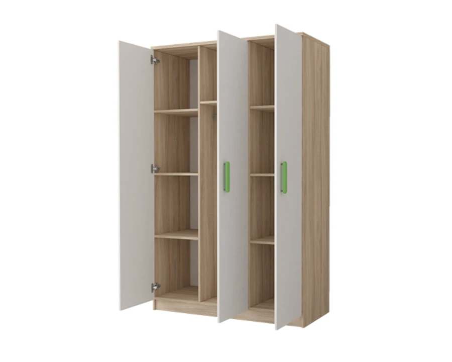 Offener Kleiderschrank in Eiche-Optik mit weißen Türen und Inneneinteilung.