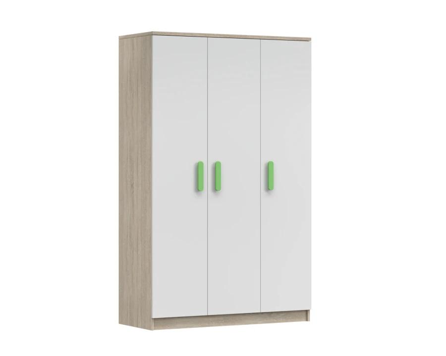 Dreitüriger Schrank in Eiche-Nachbildung und Weiß mit grünen Griffen.