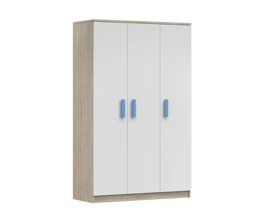 Kleiderschrank 3-türig weiß Eiche-Optik mit blauen Griffen
