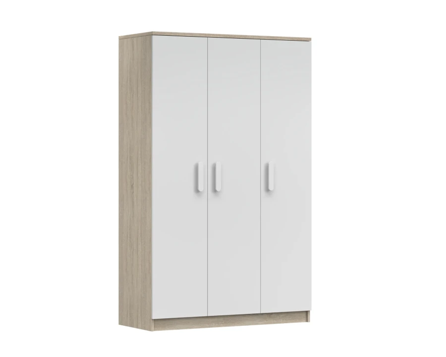Kleiderschrank 3-türig weiß Eiche-Optik mit weißen Griffen
