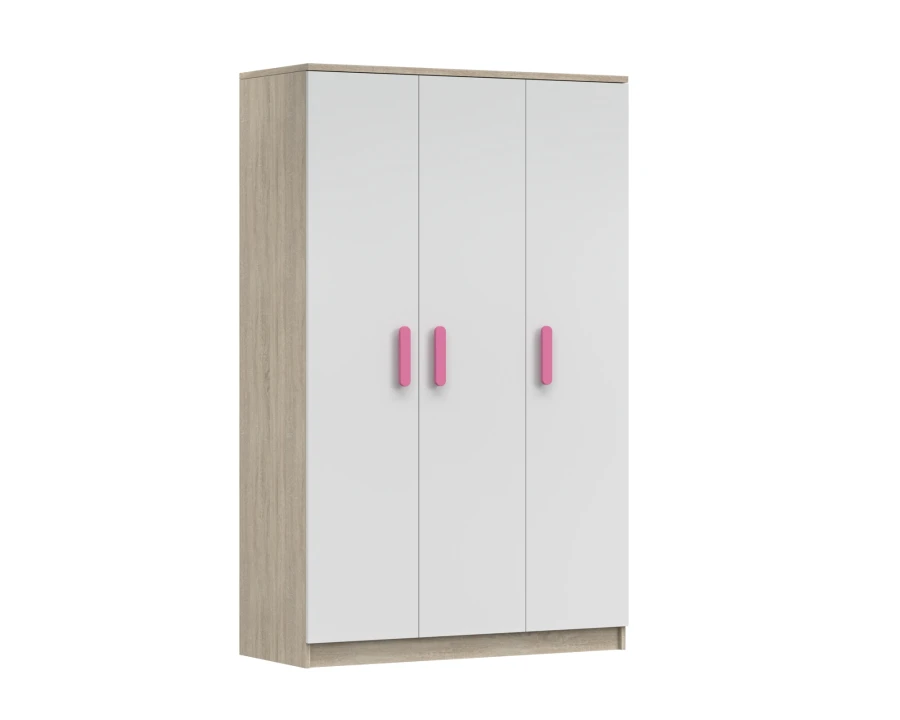 Kleiderschrank 3-türig weiß Eiche-Optik mit rosa Griffen