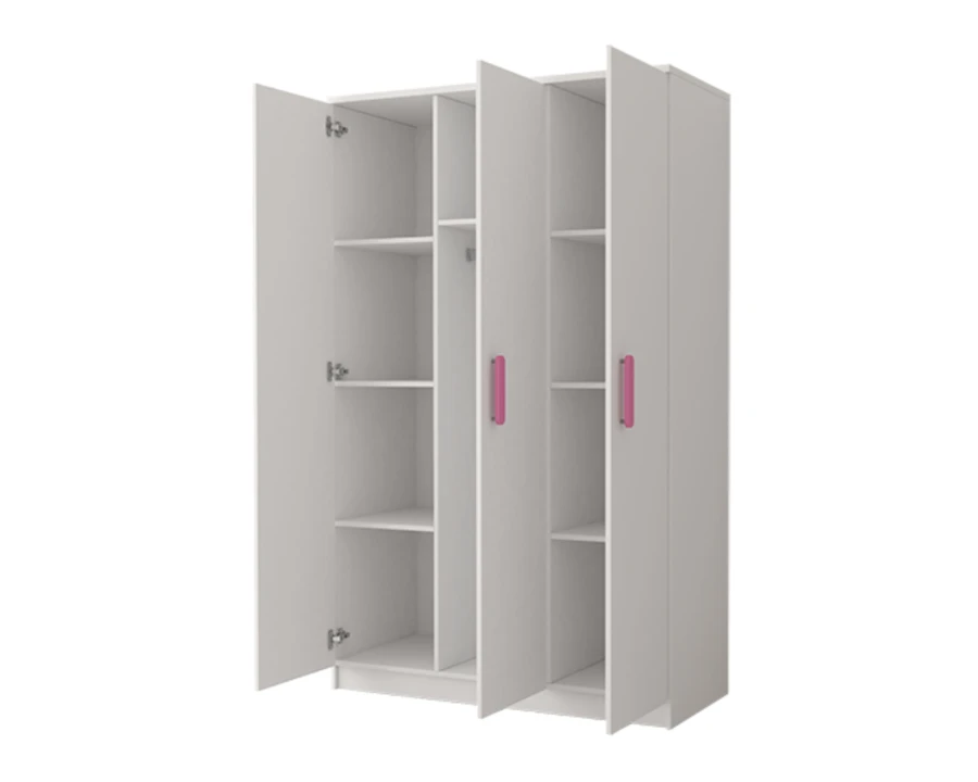 Weißer 3-türiger Kleiderschrank mit pinken Griffen und praktischer Inneneinteilung für Mädchenzimmer.