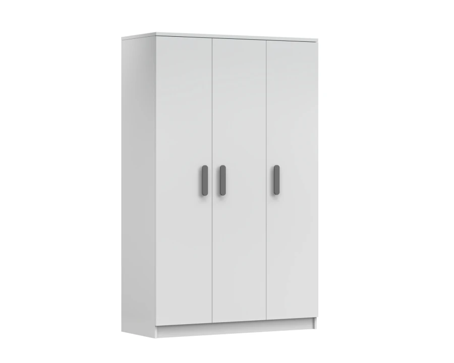 Moderner 3-türiger Kleiderschrank in Weiß mit grauen Griffen, geschlossene Ansicht für das Jugendzimmer.