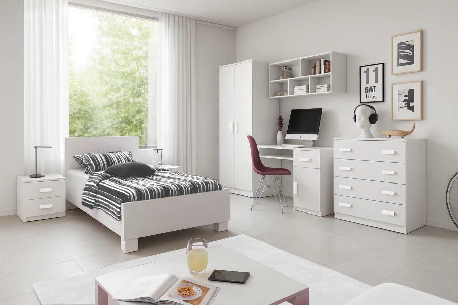Komplettes Jugendzimmer-Set INGE in Weiß mit Bett, Schreibtisch, Schrank und Kommode.