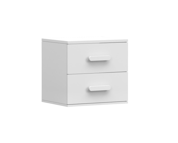 Weißer Nachttisch mit 2 Schubladen und weißen Griffen, schlichtes Design.