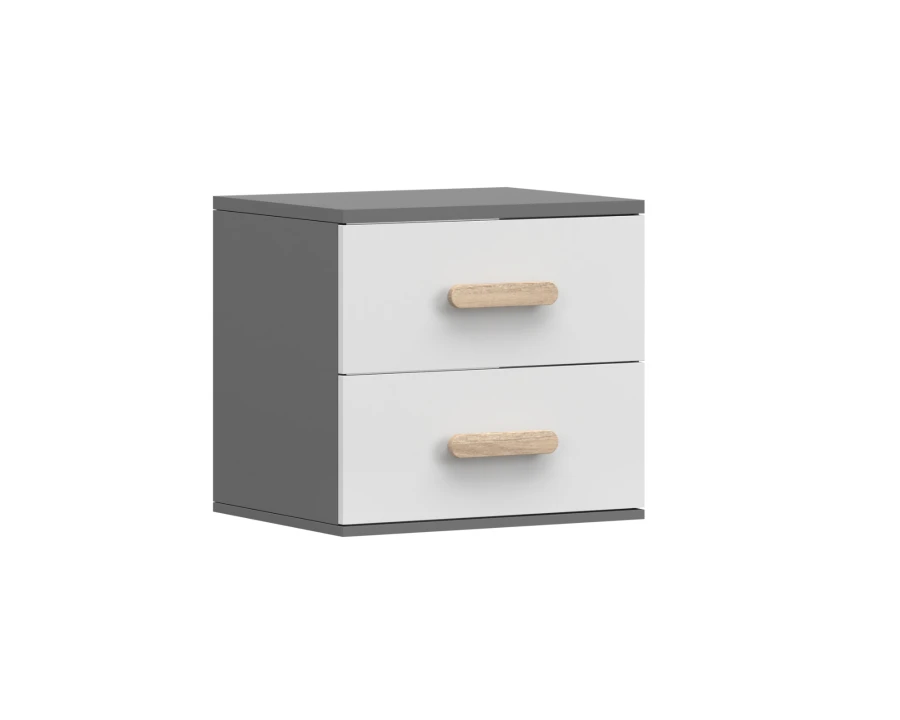 Nachttisch in Grau und Weiß mit Holzgriffen, zwei Schubladen für das Schlafzimmer.