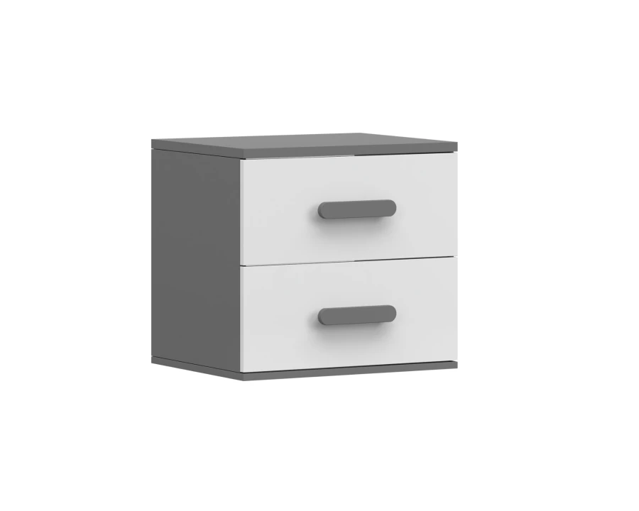 Graue Nachtkommode mit weißen Fronten und dunkelgrauen Griffen, minimalistisches Design.