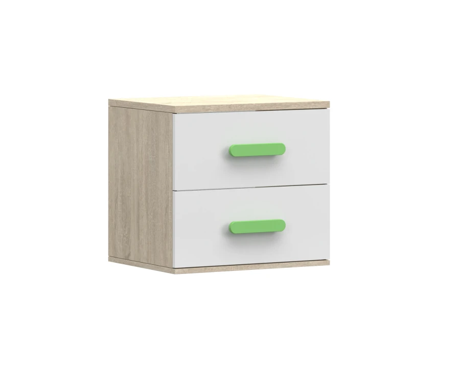 Moderner Nachttisch in Eiche-Optik mit weißen Fronten und grünen Griffen für das Schlafzimmer.