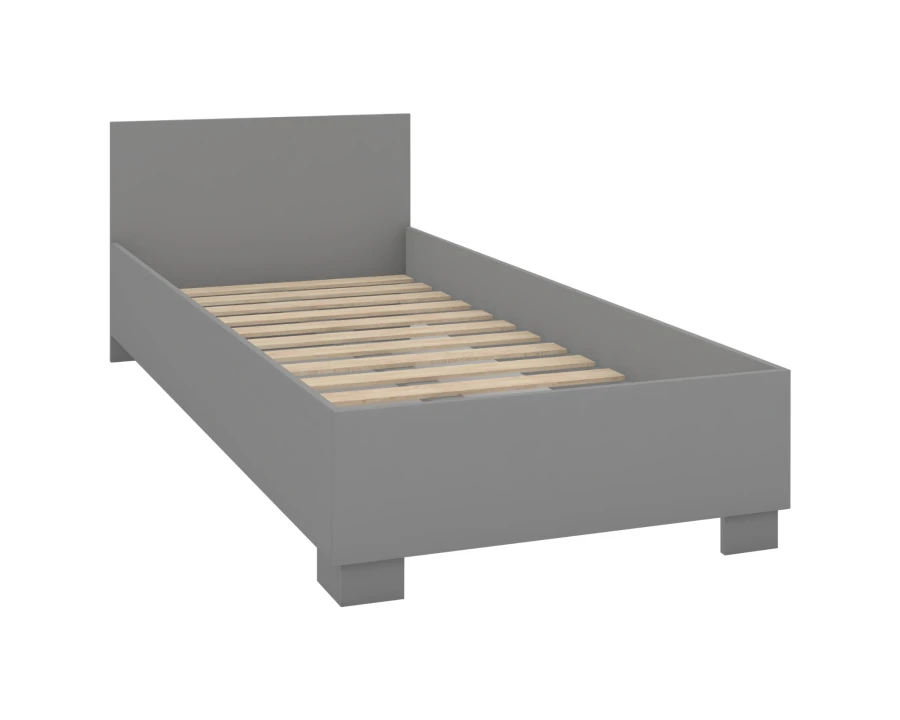 Graues Einzelbett mit Lattenrost, schlichtes Bettgestell in Anthrazit.