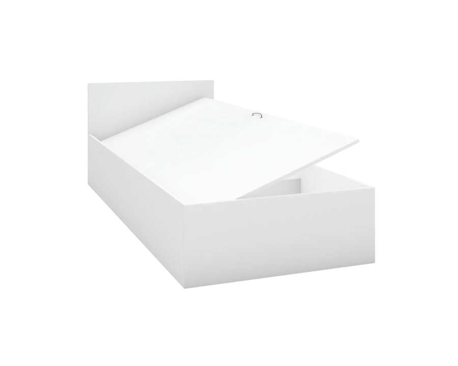 Funktionales weißes Bett mit aufklappbarem Bettkasten für zusätzlichen Stauraum.