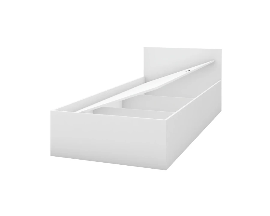 Weißes Bett mit klappbarem Lattenrost und integriertem Stauraum.