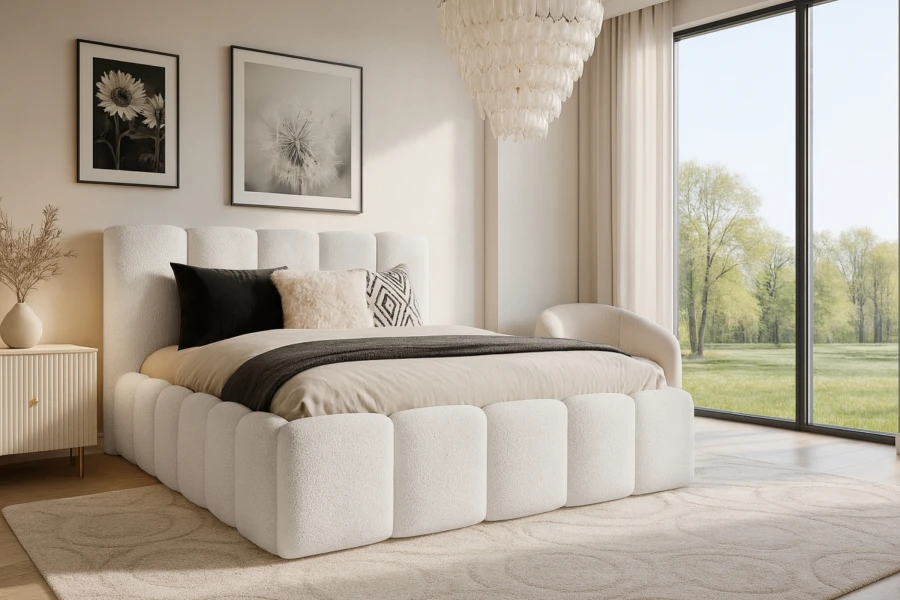 Modernes weißes Polsterbett aus Bouclé-Stoff in hellem Schlafzimmer-Ambiente.