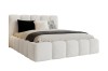 Freigestelltes weißes Design-Bett mit markanter Polsterung in Bouclé-Stoff.