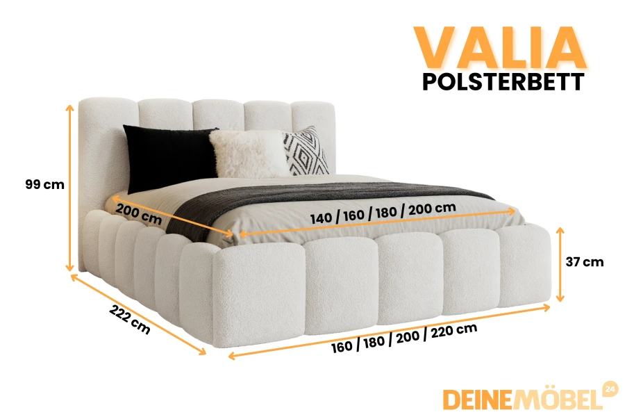 Maße und Größenübersicht für das Polsterbett Valia in verschiedenen Varianten.