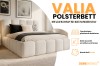 Infografik zum Polsterbett Valia mit Details zu Bettkästen und Boucle-Material.