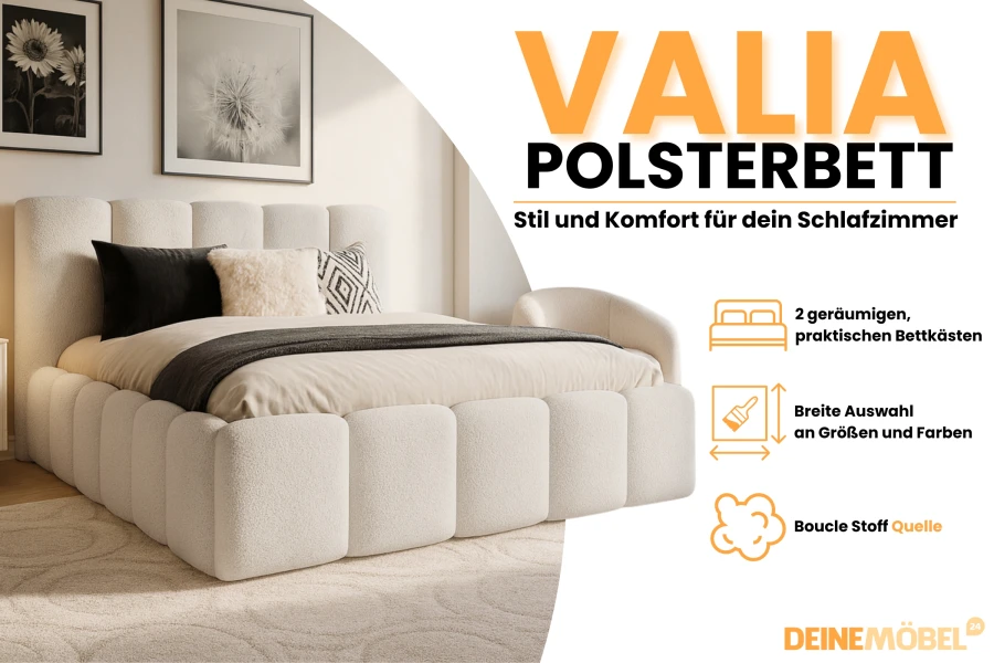 Infografik zum Polsterbett Valia mit Details zu Bettkästen und Boucle-Material.