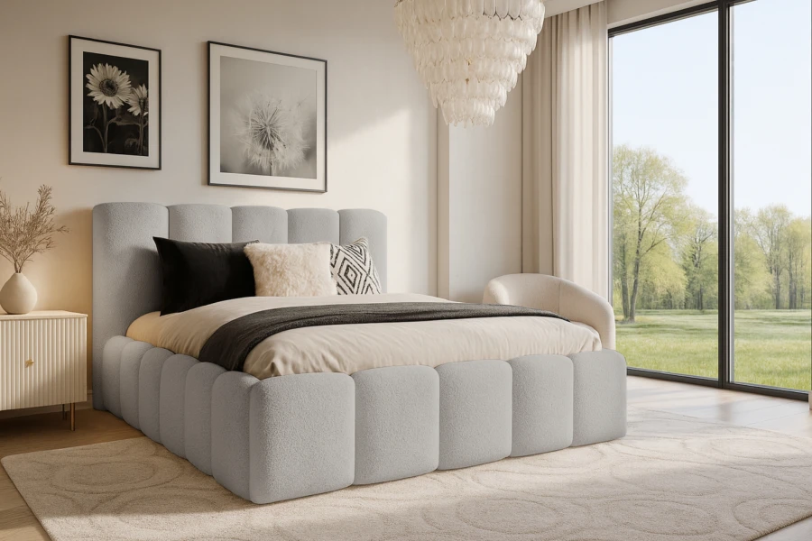 Stilvolles Schlafzimmer mit hellem Polsterbett, großer Fensterfront und modernem Design.