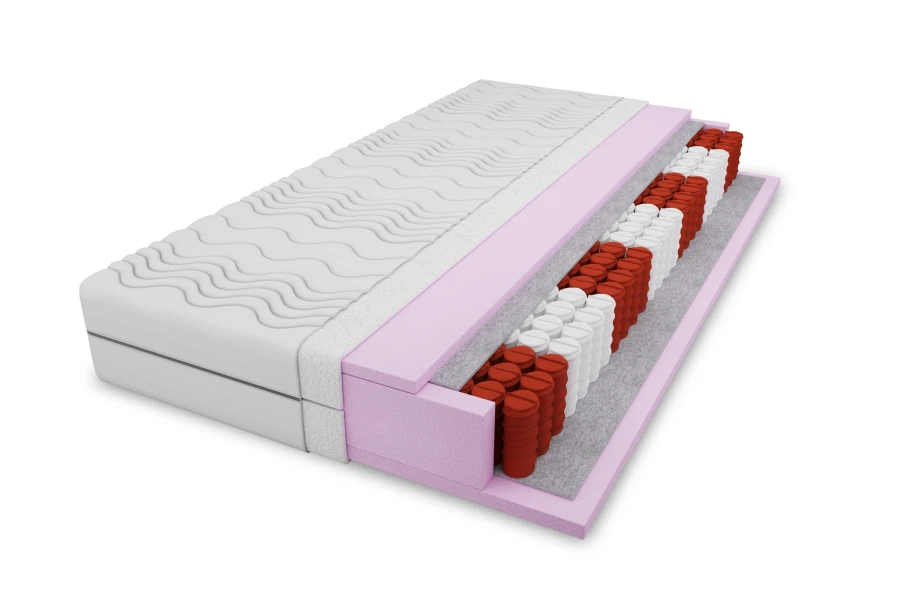 3D-Schnittansicht einer Matratze mit Taschenfedern und verschiedenen Polsterschichten