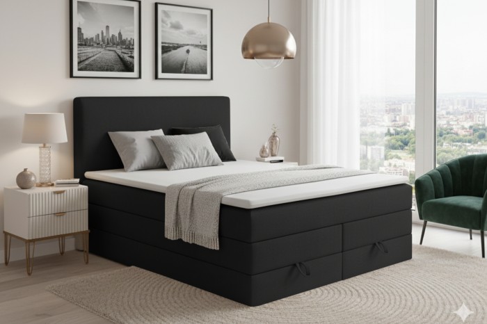 Stilvolles schwarzes Boxspringbett in einem modern eingerichteten Schlafzimmer.