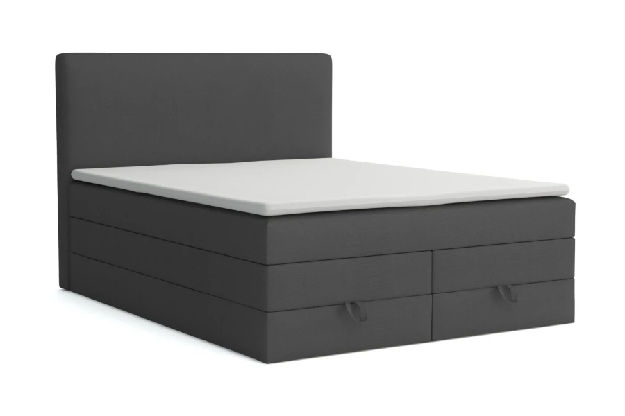 Anthrazitfarbenes Boxspringbett mit zwei Schubladen und hohem Kopfteil.