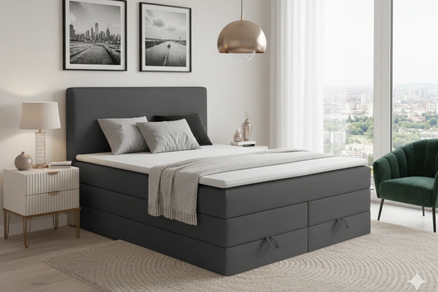 Modernes Schlafzimmer-Ambiente mit dem anthrazitfarbenen Boxspringbett.