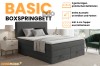 Boxspringbett Basic Duo in Dunkelgrau mit Bettkasten, Kaltschaum-Topper und Produktmerkmalen.