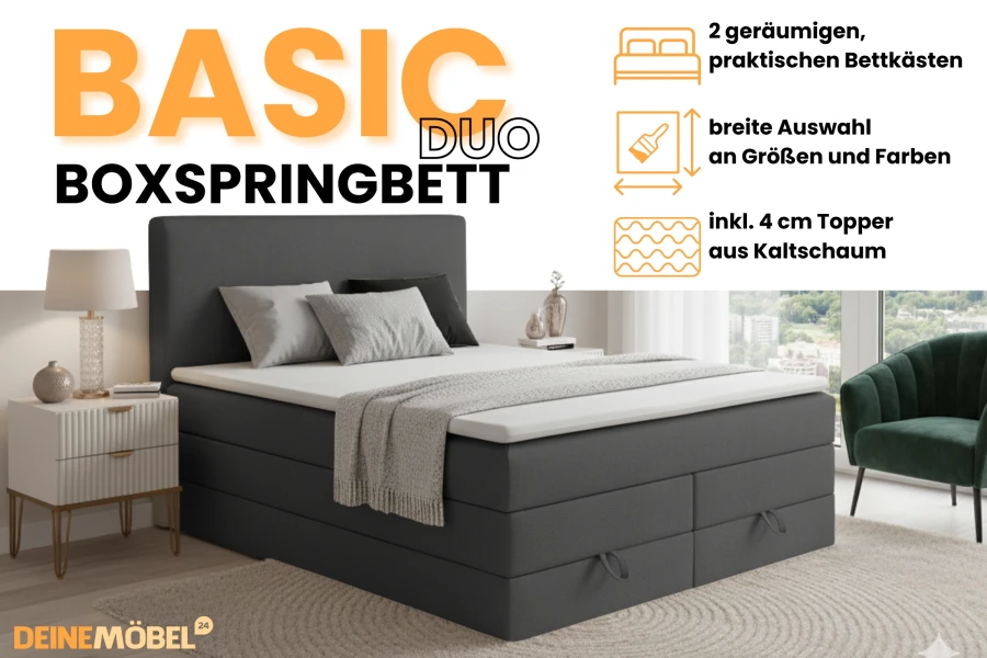 Boxspringbett Basic Duo in Dunkelgrau mit Bettkasten, Kaltschaum-Topper und Produktmerkmalen.