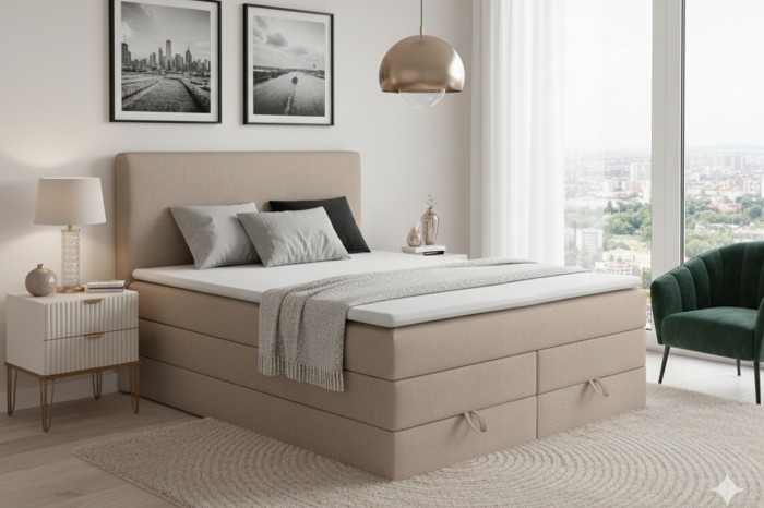 Modernes beiges Boxspringbett in einer gemütlichen Schlafzimmerumgebung.