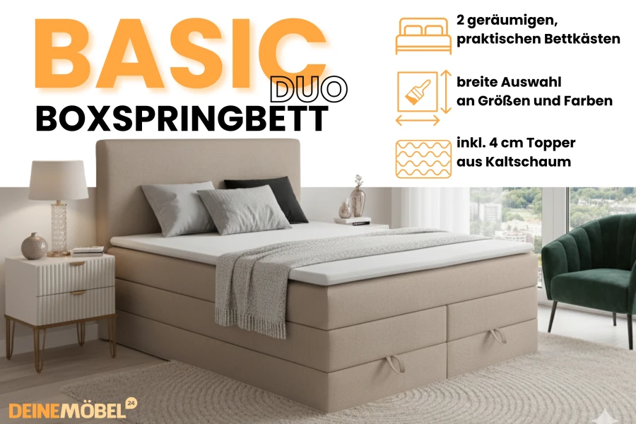 Vorteile des Basic Duo Boxspringbetts: Stauraum, Topper und Farbauswahl.