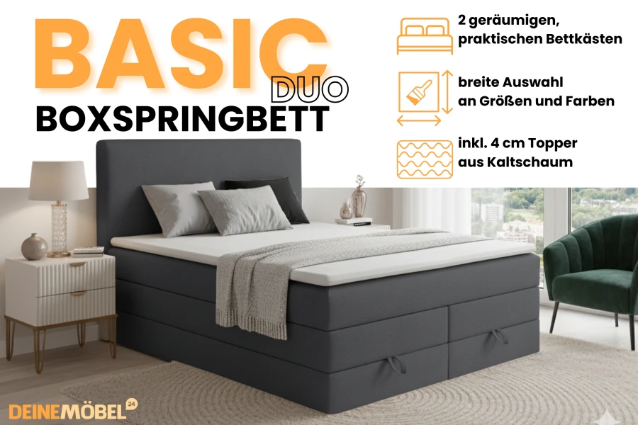 Infografik zum Boxspringbett Basic Duo mit Details zu Bettkasten und Topper.