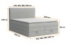 Boxspringbett Maße: Graues Bett mit Bettkasten, Topper und Abmessungen in Zentimetern.
