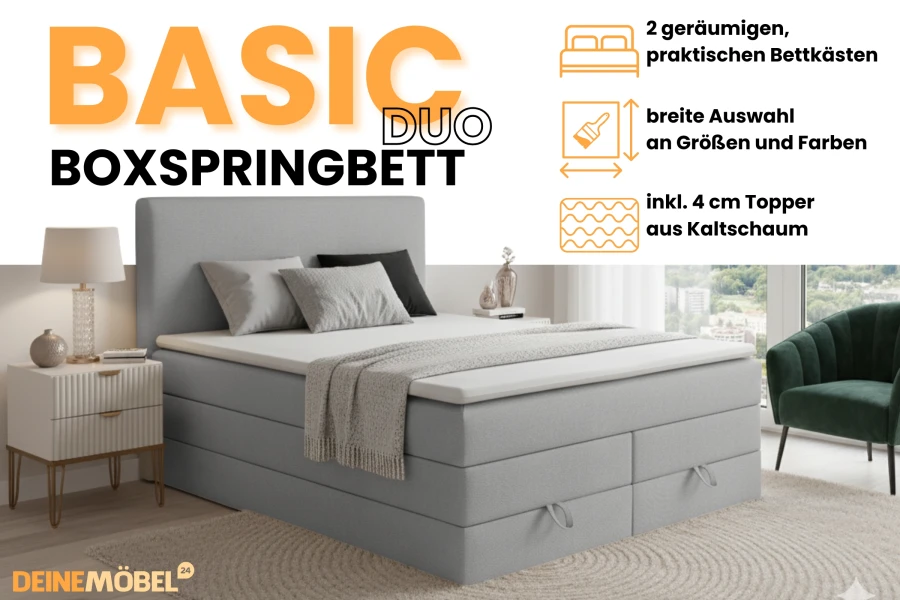 Basic Duo Boxspringbett Infografik: Details zu Stauraum, Topper und Farbauswahl.