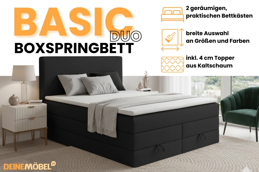 Produktvorteile des Basic Duo Boxspringbettes: Bettkasten, Kaltschaum-Topper und Farbauswahl.