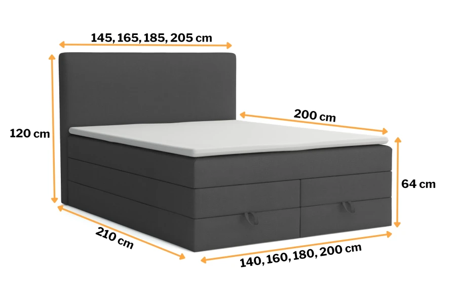 Infografik mit den exakten Maßen des Boxspringbettes für verschiedene Bettgrößen.